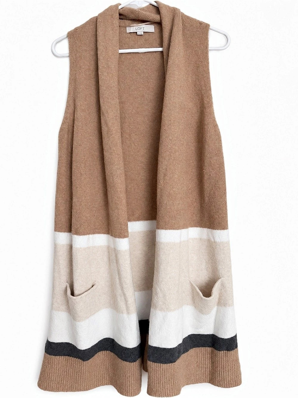 LOFT Contemporary Coastal Color Block Longline Open Front Sweater Vest Sweater